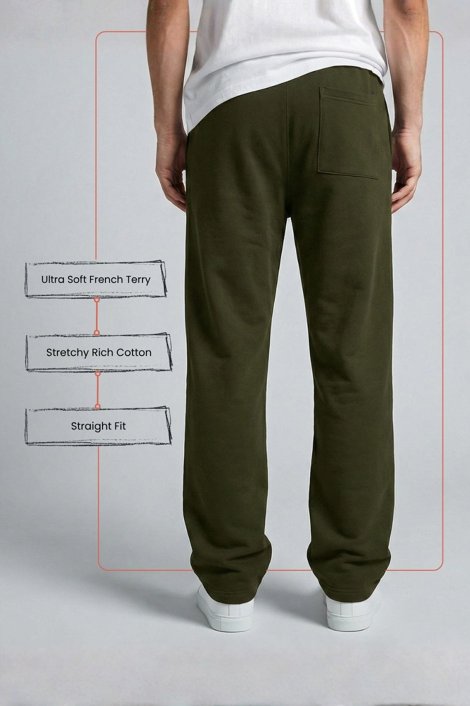 Person wearing olive jogger with text on a gray background