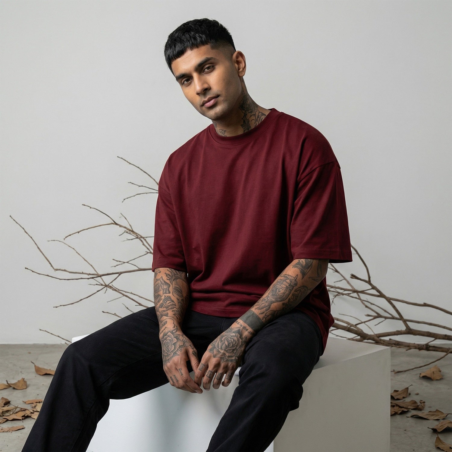 Men’s Oversize Essential Crew Tee – Maroon Red