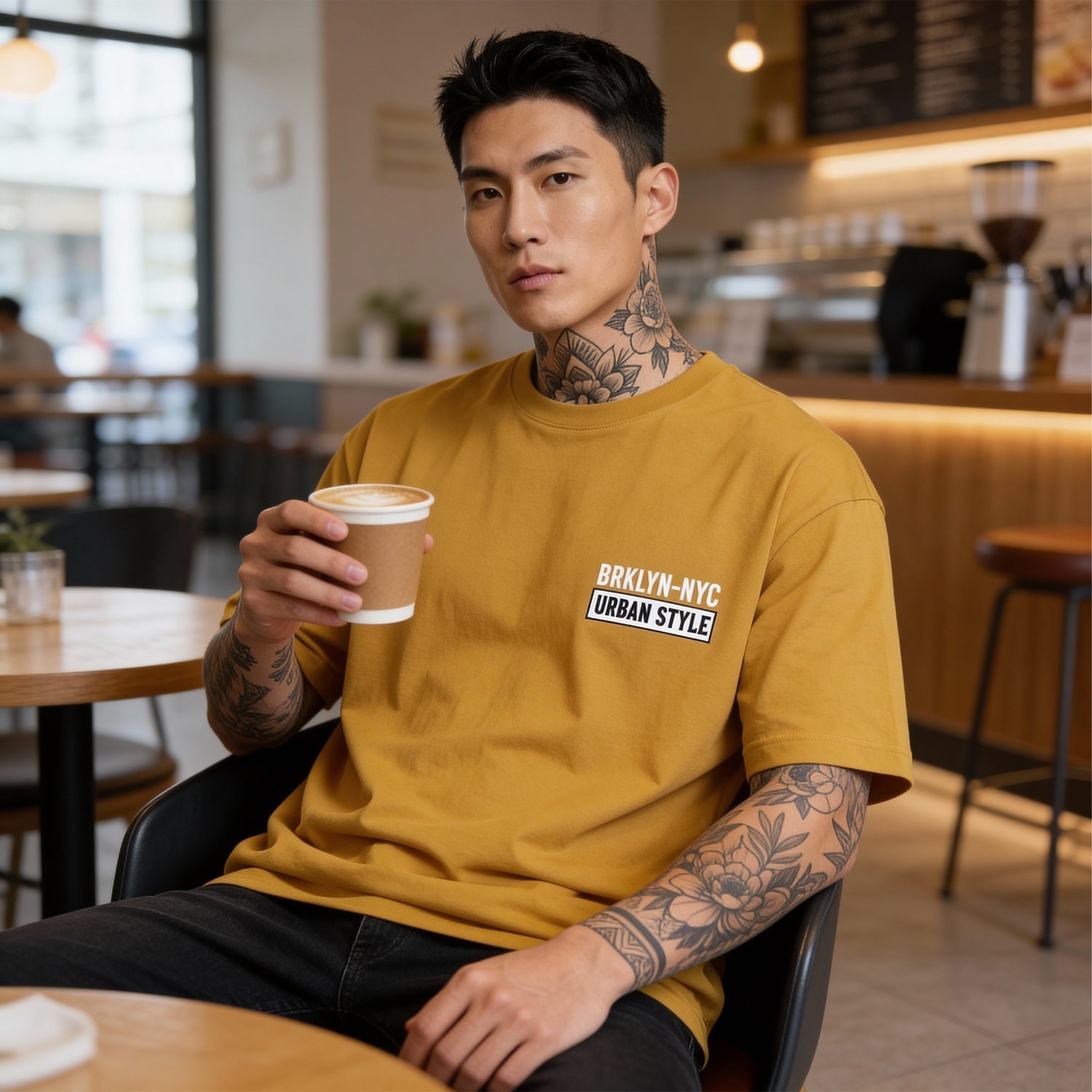 Man in a yellow t-shirt holding a coffee cup in a cafe