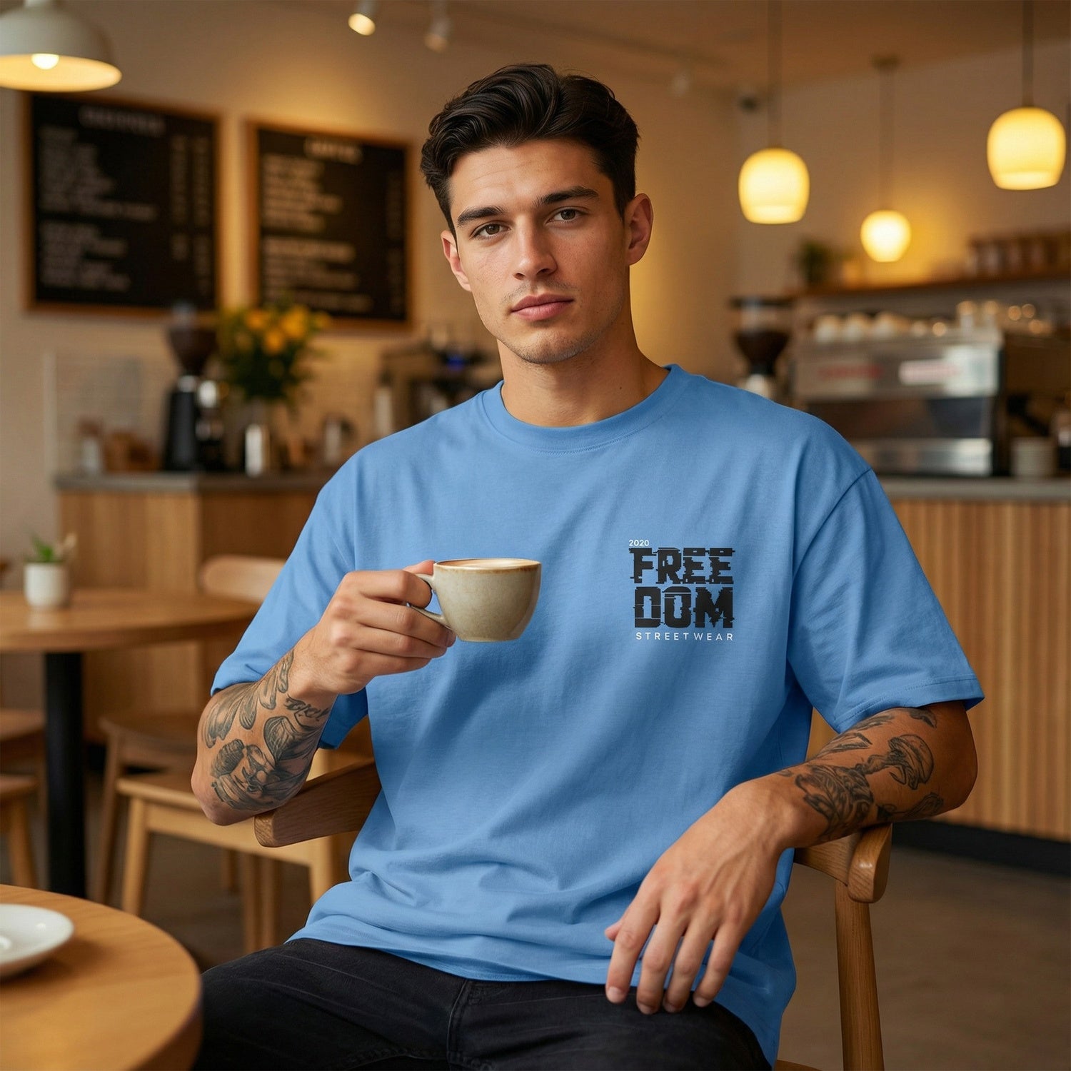 Man sitting in a cafe holding a coffee cup, wearing a blue t-shirt with 'FREE DOM' text.