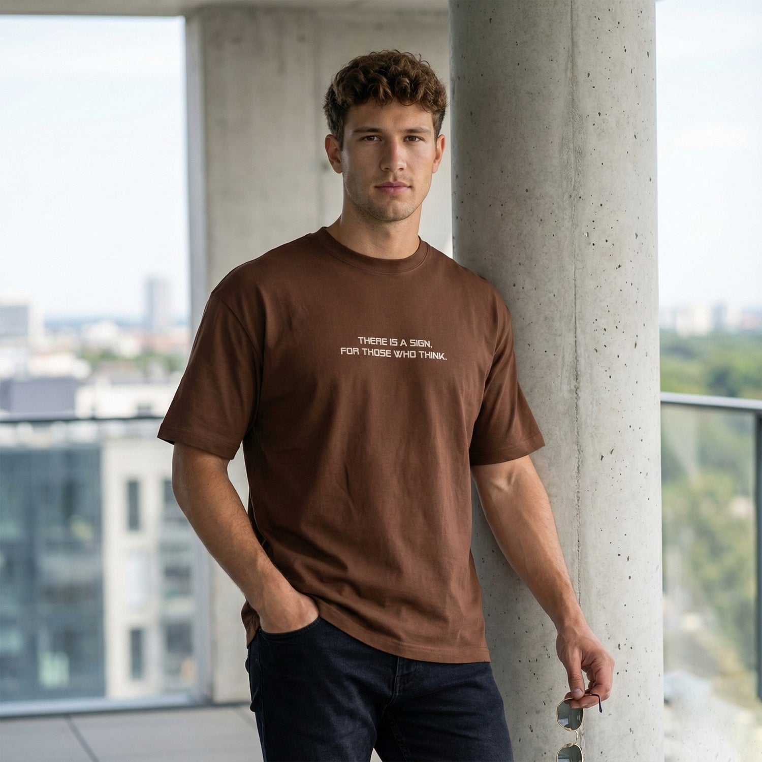 Man wearing a brown t-shirt with text, standing against a concrete wall with a cityscape view.
