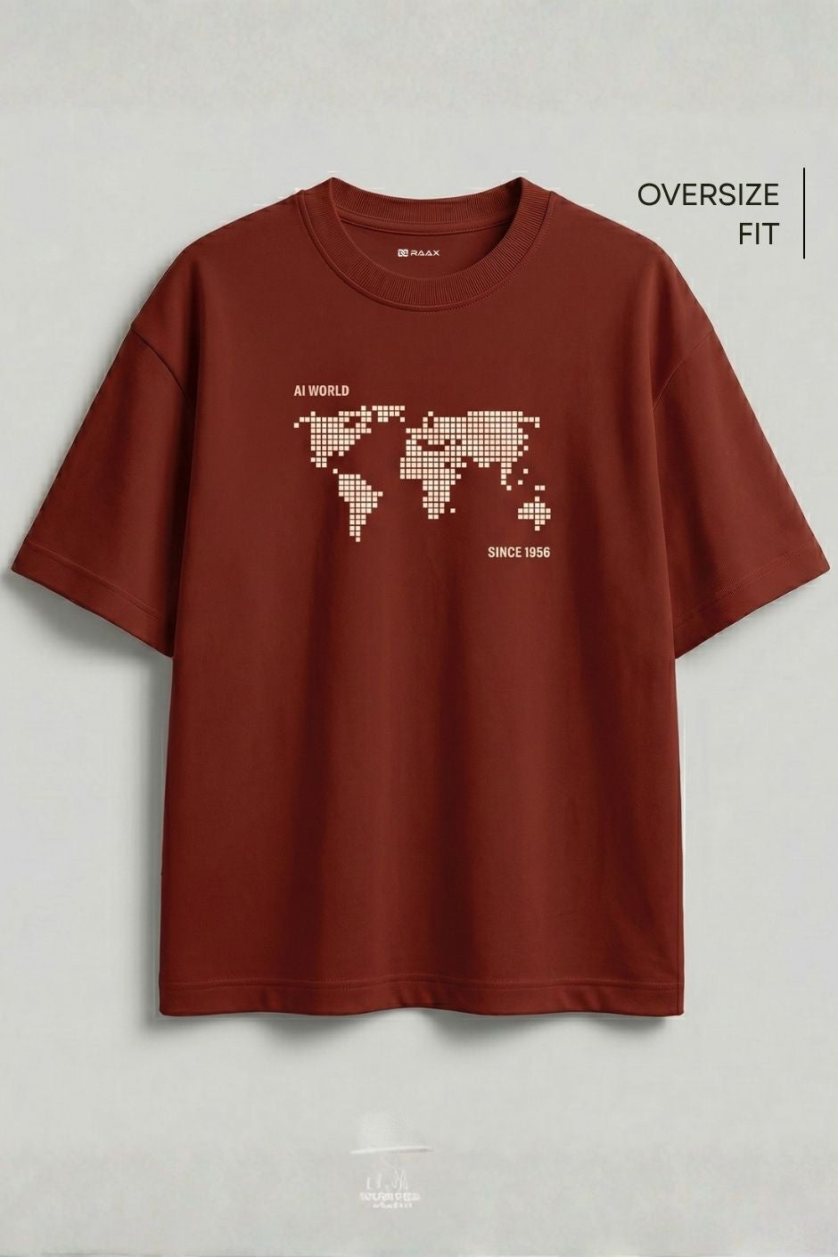 Rust t-shirt with world map design on a light gray background