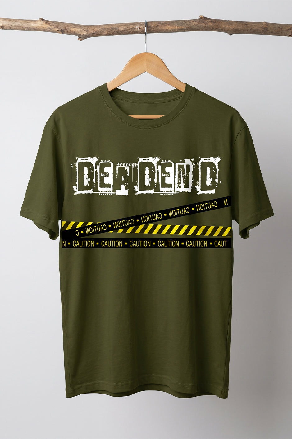Olive t-shirt with 'DEAD END' text and caution design on a hanger against a white background