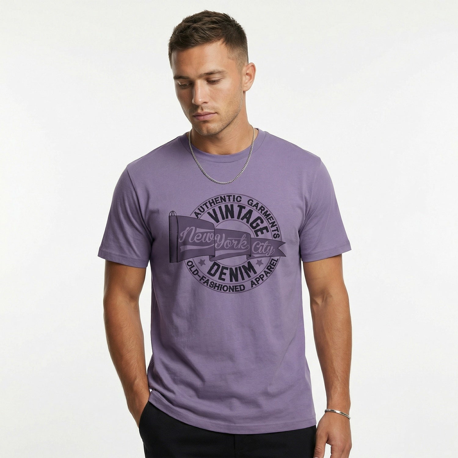 Man wearing a purple t-shirt with text on a white background