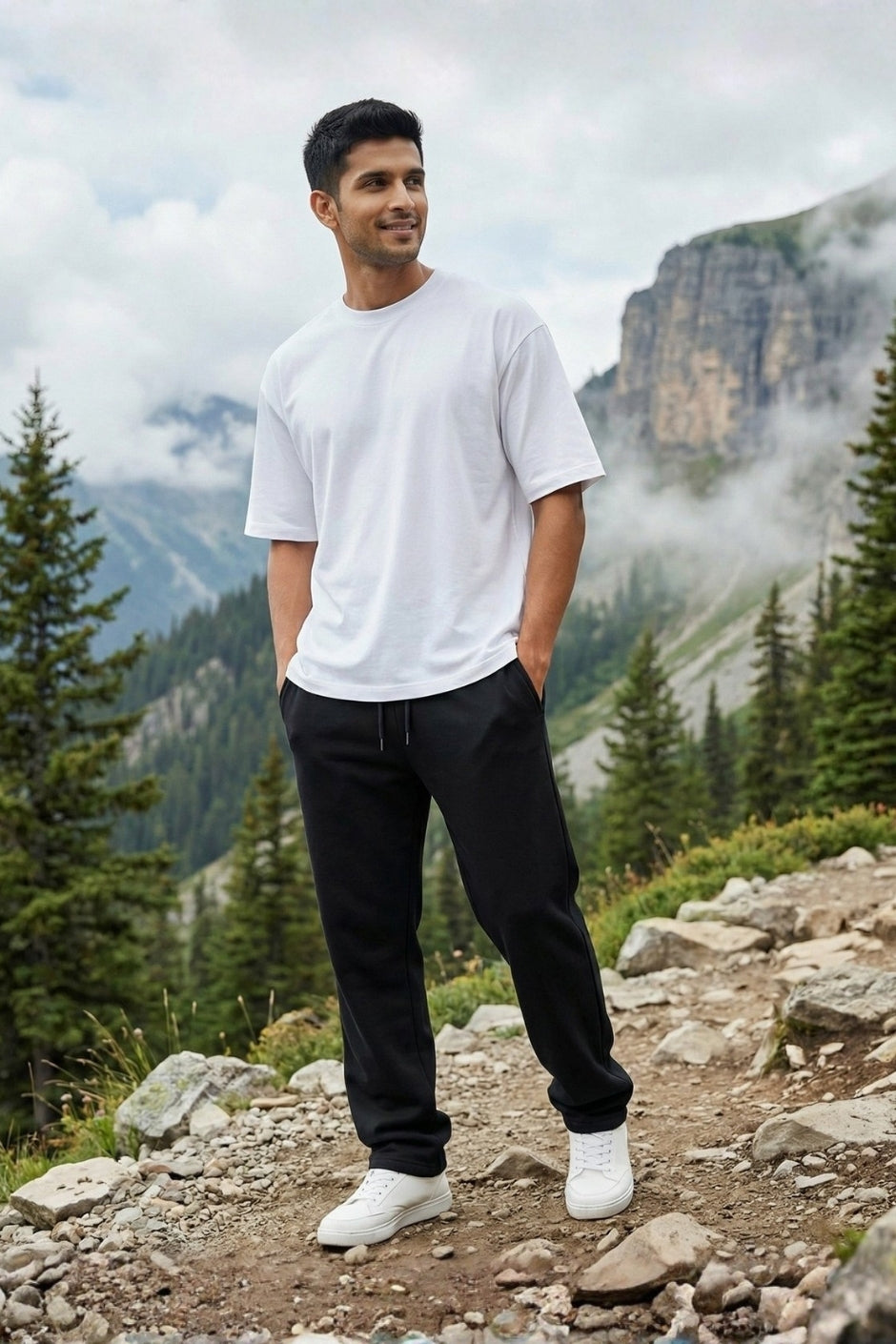 Man standing on a mountain path with trees and clouds in the background