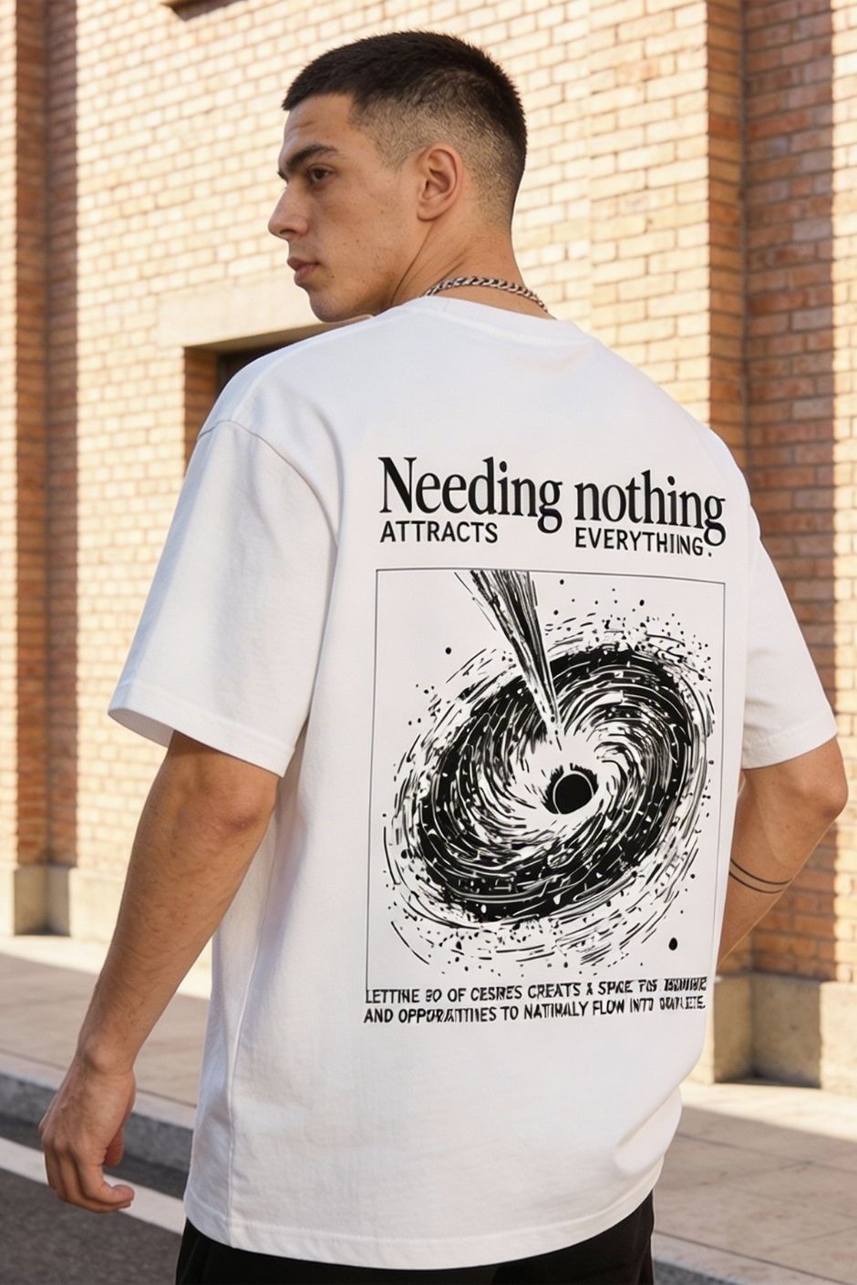 Person wearing a white t-shirt with a black graphic and text outdoors.