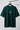 Bottle green t-shirt with a logo on a hanger against a white background