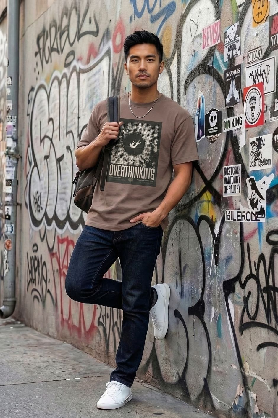 Man standing against a graffiti-covered wall wearing a 'Overthinking' t-shirt.