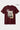 Maroon red t-shirt with graphic design and text on a light gray background