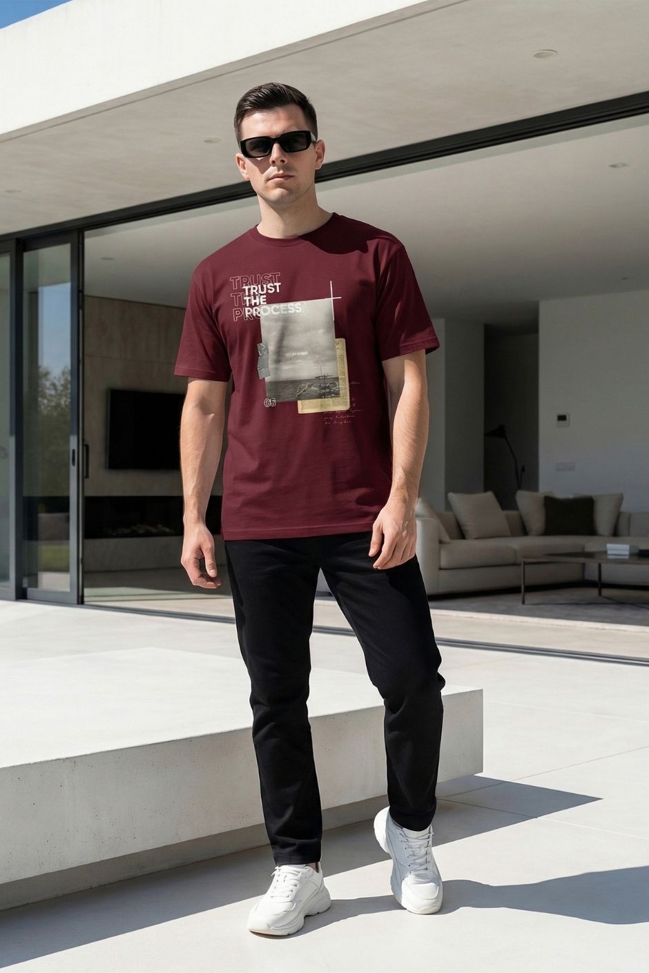 Man wearing a maroon red t-shirt with graphic design, black pants, and white sneakers standing in a modern outdoor setting.